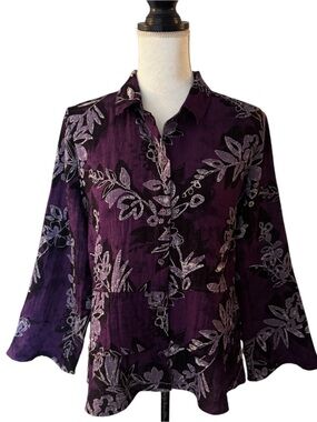 Habitat Flounce Floral Blouse Medium Deep Purple Button Front Ruffle Artsy